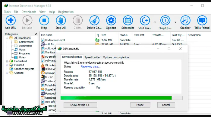 شعار برنامج Internet Download Manager، والذي يتميز بسهم أزرق، يؤكد على السرعة والكفاءة في تنزيل الملفات عبر الإنترنت
