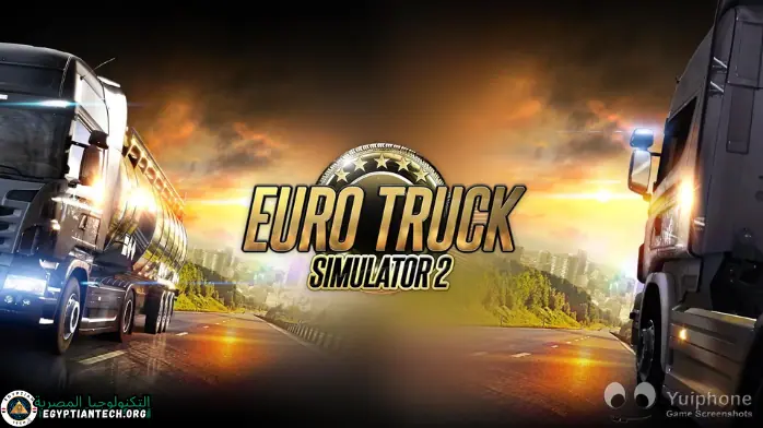 منظر خلاب لمشهد من لعبة Euro Truck Simulator 2 يظهر شاحنة تقود عبر منظر طبيعي خلاب